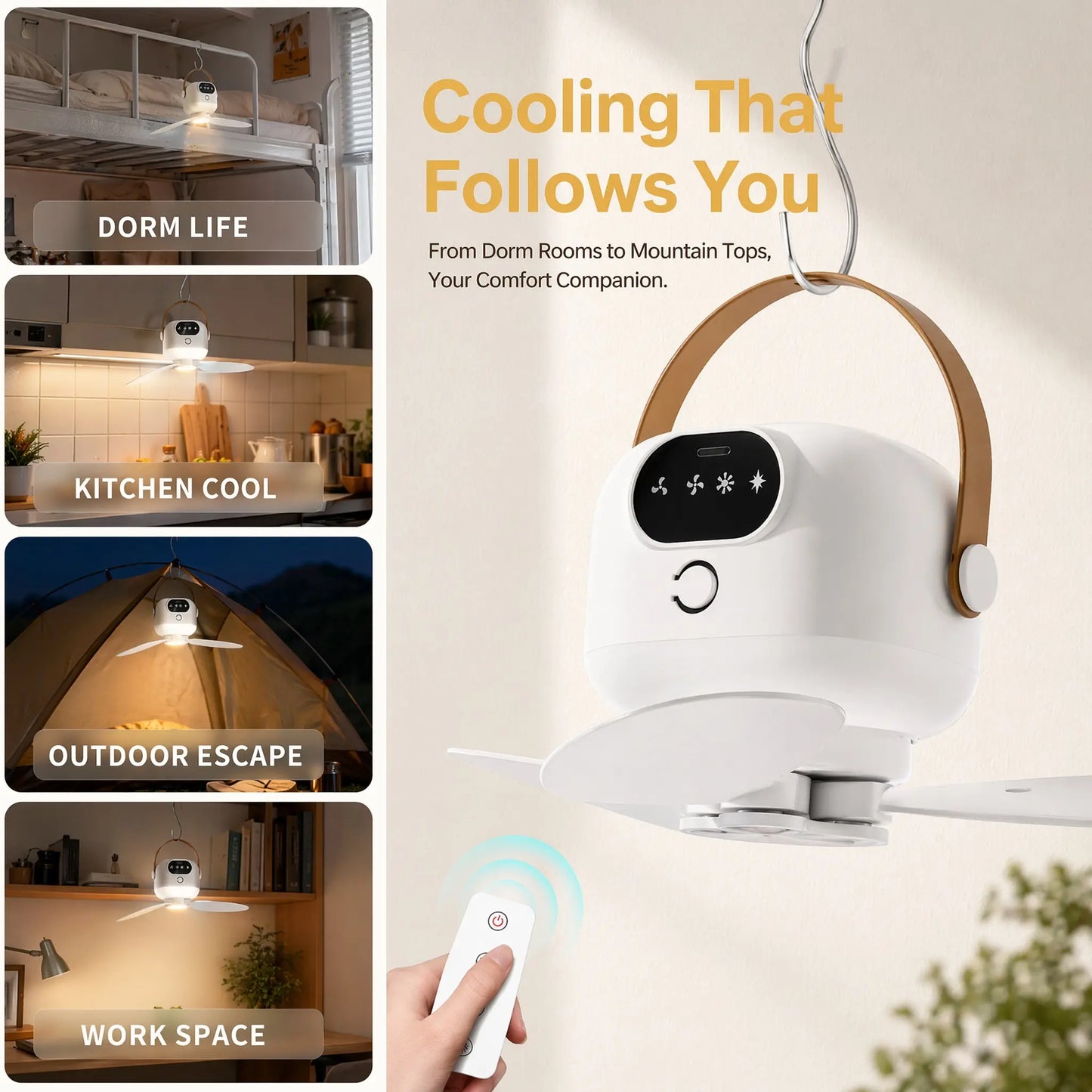 2-In-1 Portable LED Light Hanging Camping Fan | Rechargeable Quiet Tent Fan with Remote Control, Long Runtime, 3 Speeds, Foldable Design, Suitable for Outdoor Camping, Tents, Patio, Dorms, Bedrooms