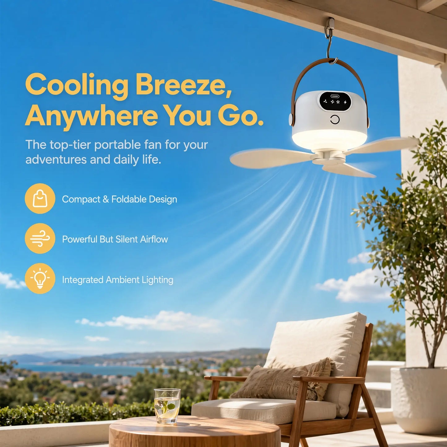 2-In-1 Portable LED Light Hanging Camping Fan | Rechargeable Quiet Tent Fan with Remote Control, Long Runtime, 3 Speeds, Foldable Design, Suitable for Outdoor Camping, Tents, Patio, Dorms, Bedrooms
