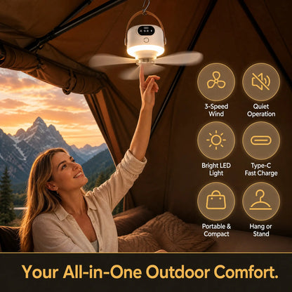 2-In-1 Portable LED Light Hanging Camping Fan | Rechargeable Quiet Tent Fan with Remote Control, Long Runtime, 3 Speeds, Foldable Design, Suitable for Outdoor Camping, Tents, Patio, Dorms, Bedrooms